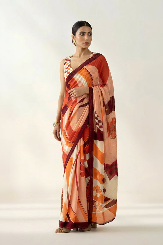 Whimsical Swirls Rust Printed & Embroidered Georgette Saree