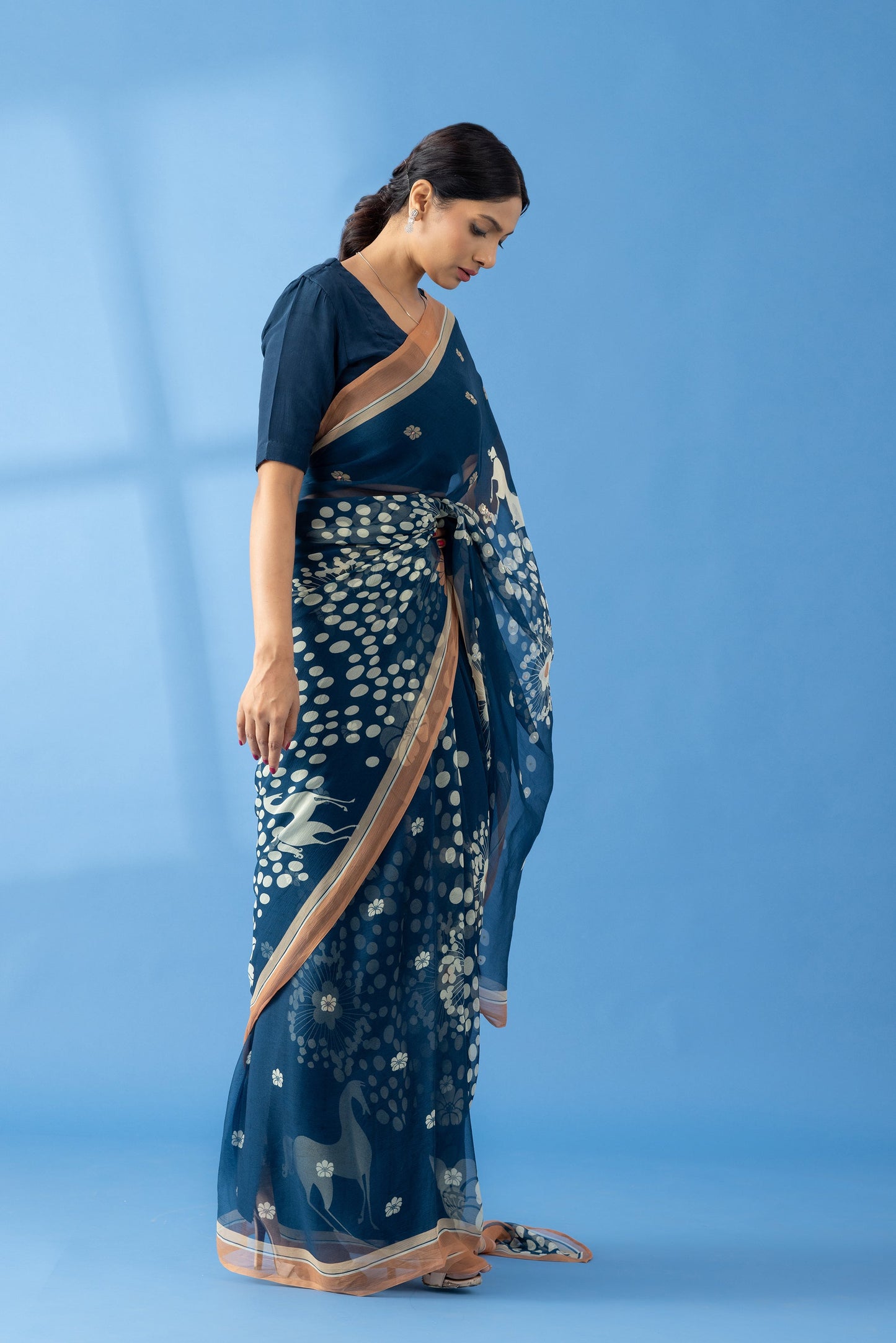 Mystical Forest Navy Printed & Embroidered Chiffon Saree