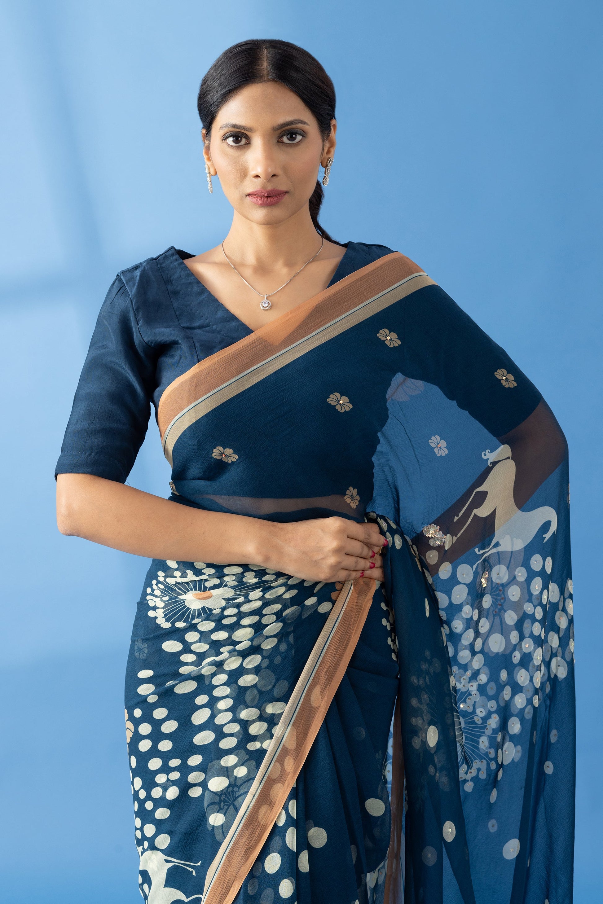 Mystical Forest Navy Printed & Embroidered Chiffon Saree