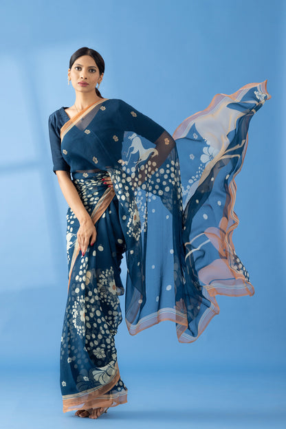 Mystical Forest Navy Printed & Embroidered Chiffon Saree