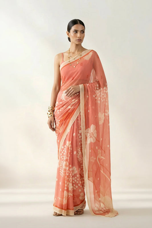 Whimsy Dreams Peach Fuzz Printed & Embroidered Chiffon Saree