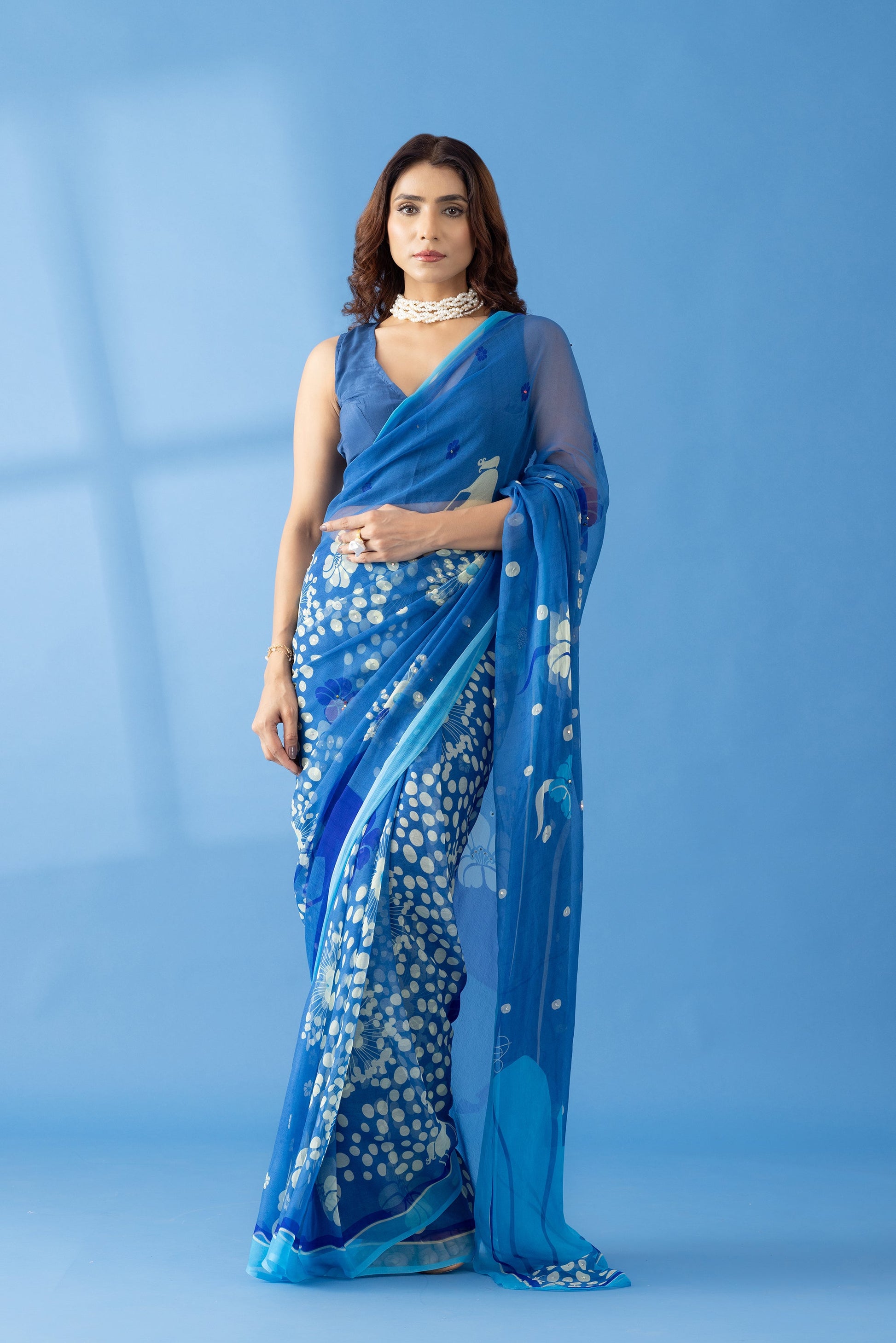 Mystical Forest Cobalt Blue Printed & Embroidered Chiffon Saree