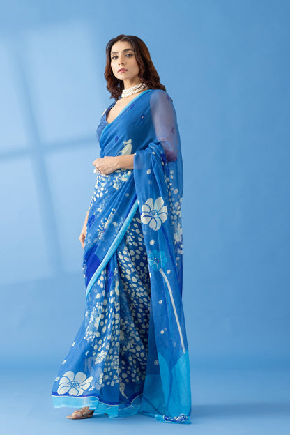 Mystical Forest Cobalt Blue Printed & Embroidered Chiffon Saree