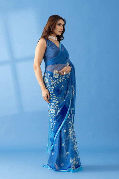 Mystical Forest Cobalt Blue Printed & Embroidered Chiffon Saree