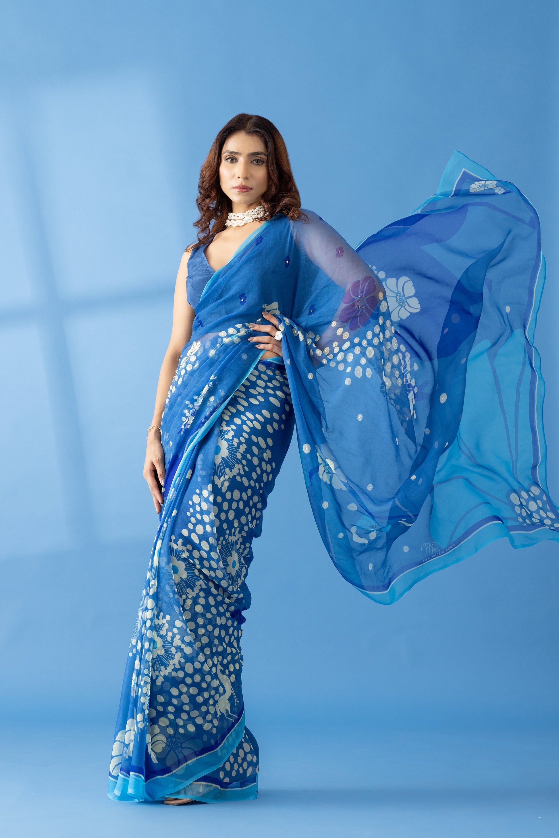 Mystical Forest Cobalt Blue Printed & Embroidered Chiffon Saree