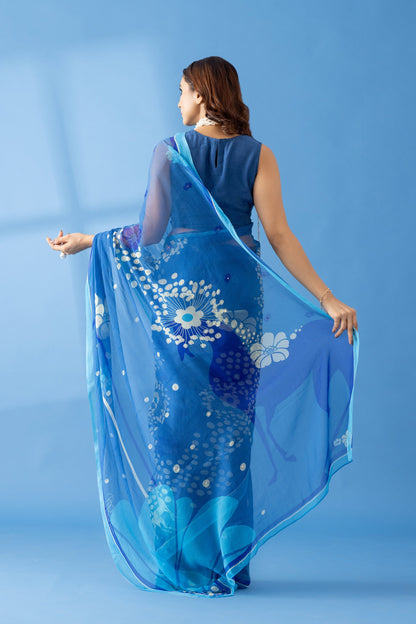 Mystical Forest Cobalt Blue Printed & Embroidered Chiffon Saree