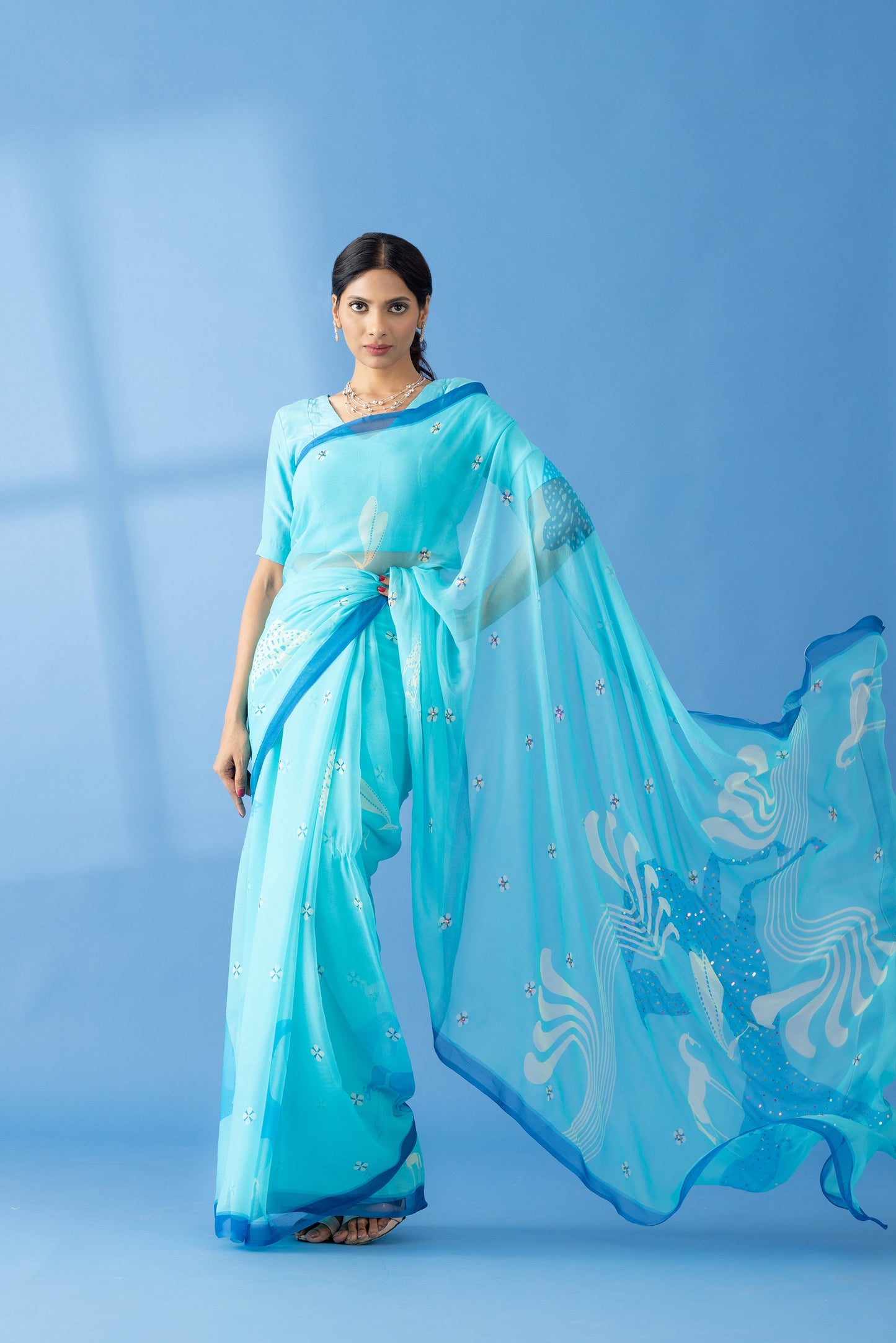 Graceful Charms Light Blue Printed & Embroidered Chiffon Saree