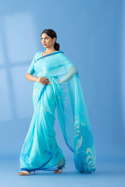 Graceful Charms Light Blue Printed & Embroidered Chiffon Saree