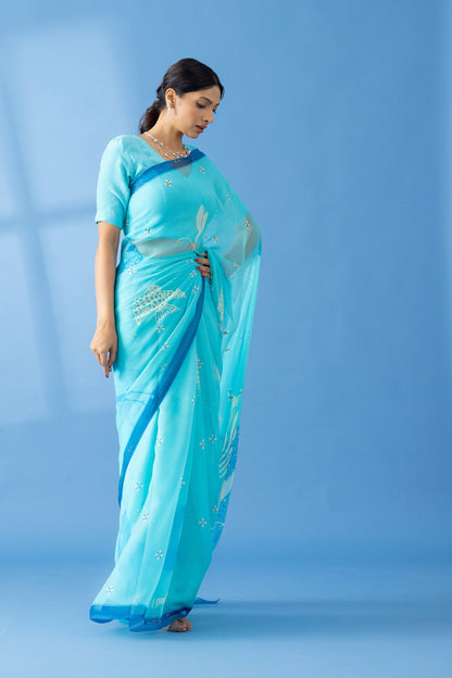 Graceful Charms Light Blue Printed & Embroidered Chiffon Saree