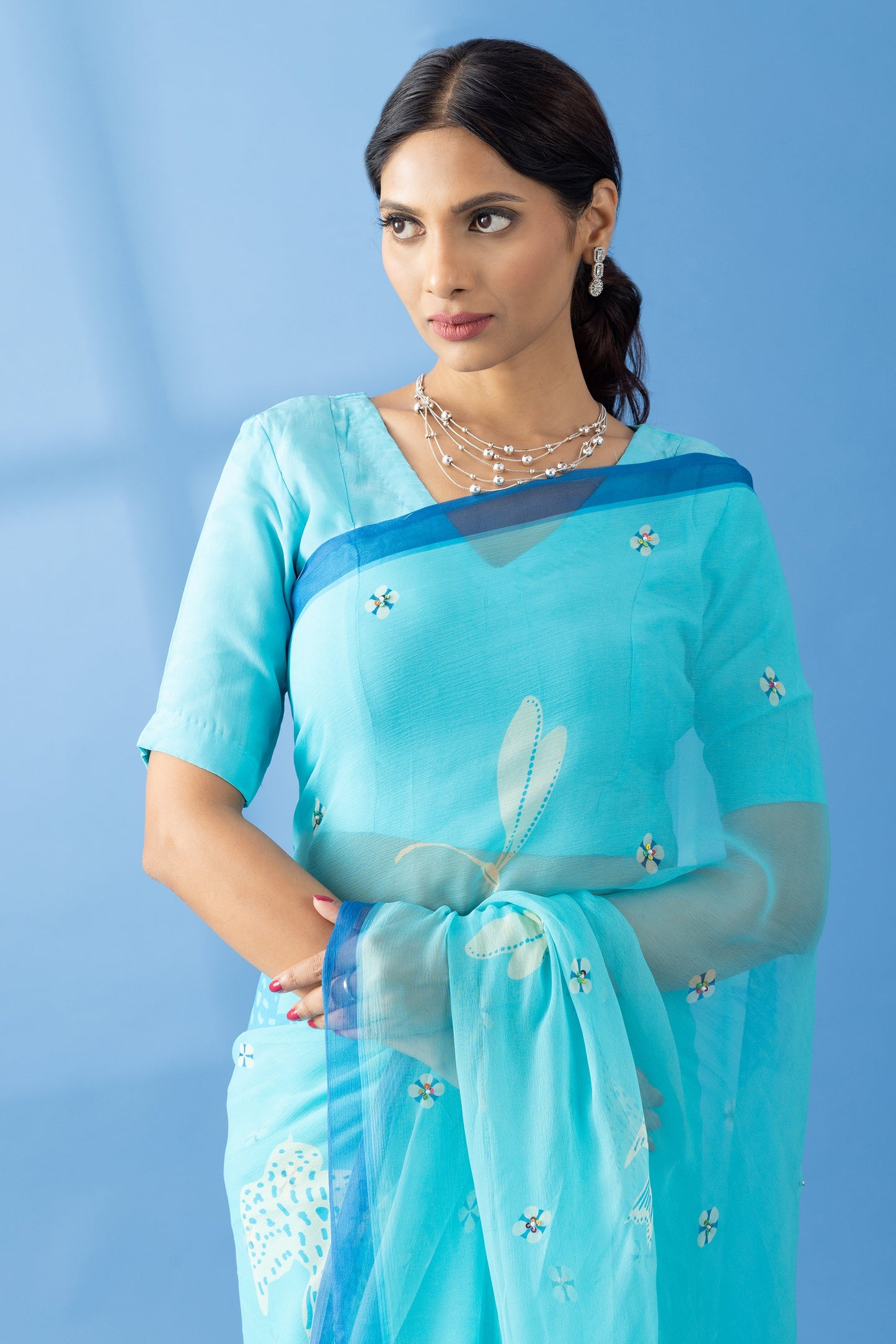 Graceful Charms Light Blue Printed & Embroidered Chiffon Saree