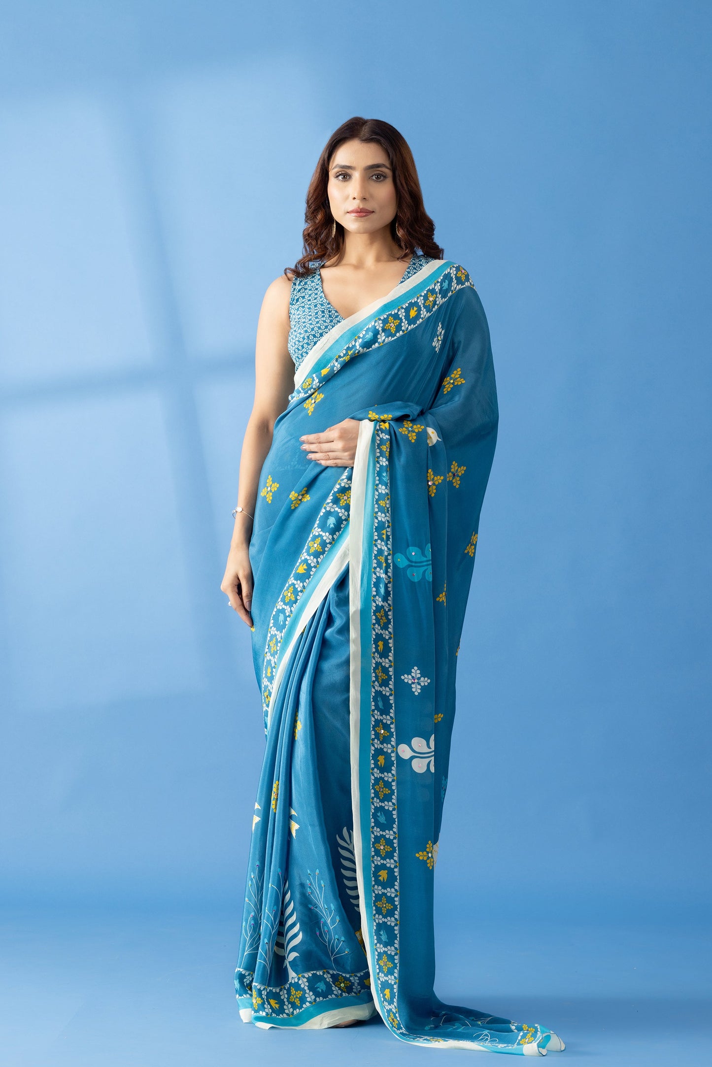 Smoky Blue Printed & Embroidered Crepe Designer Saree