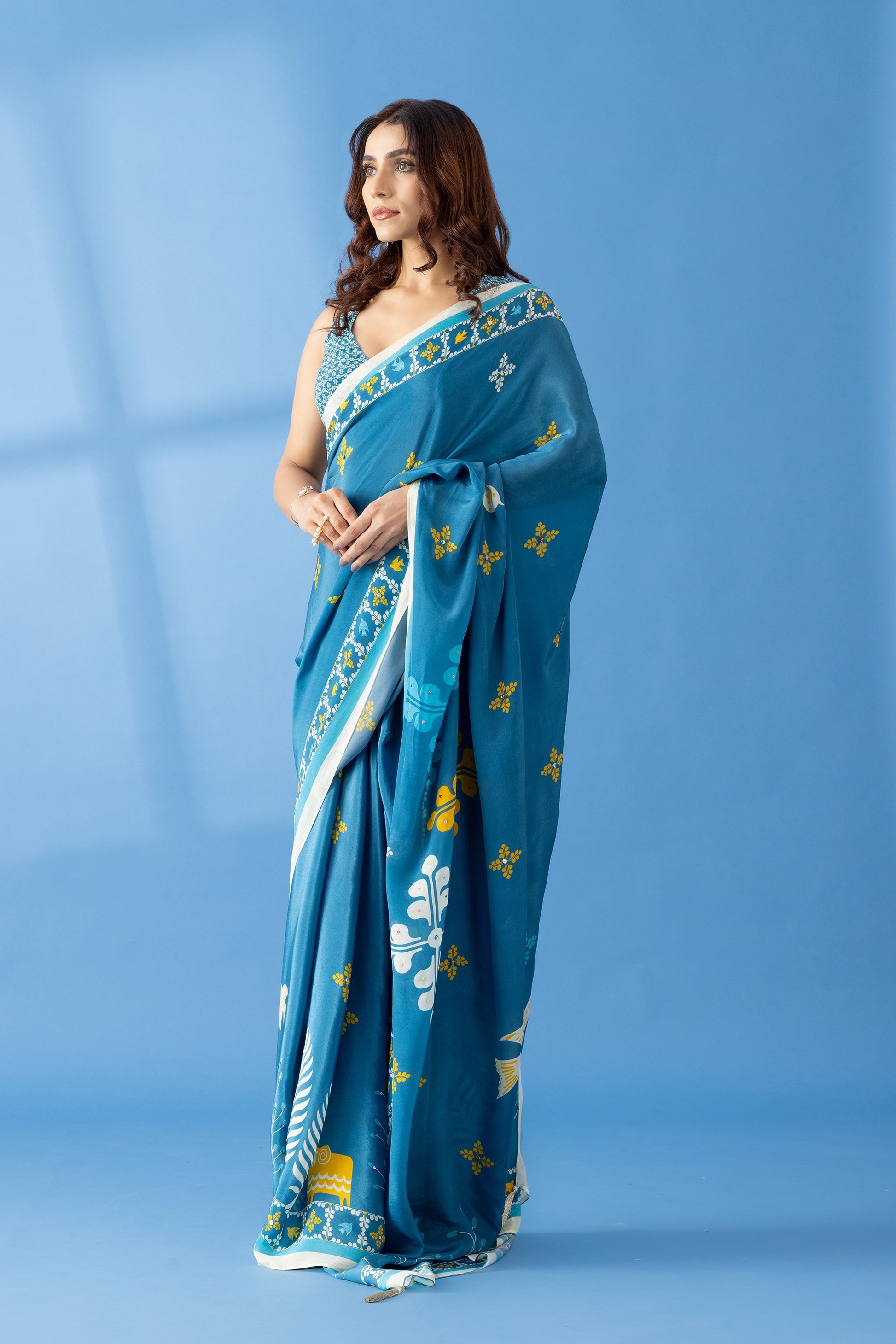 Smoky Blue Printed & Embroidered Crepe Designer Saree