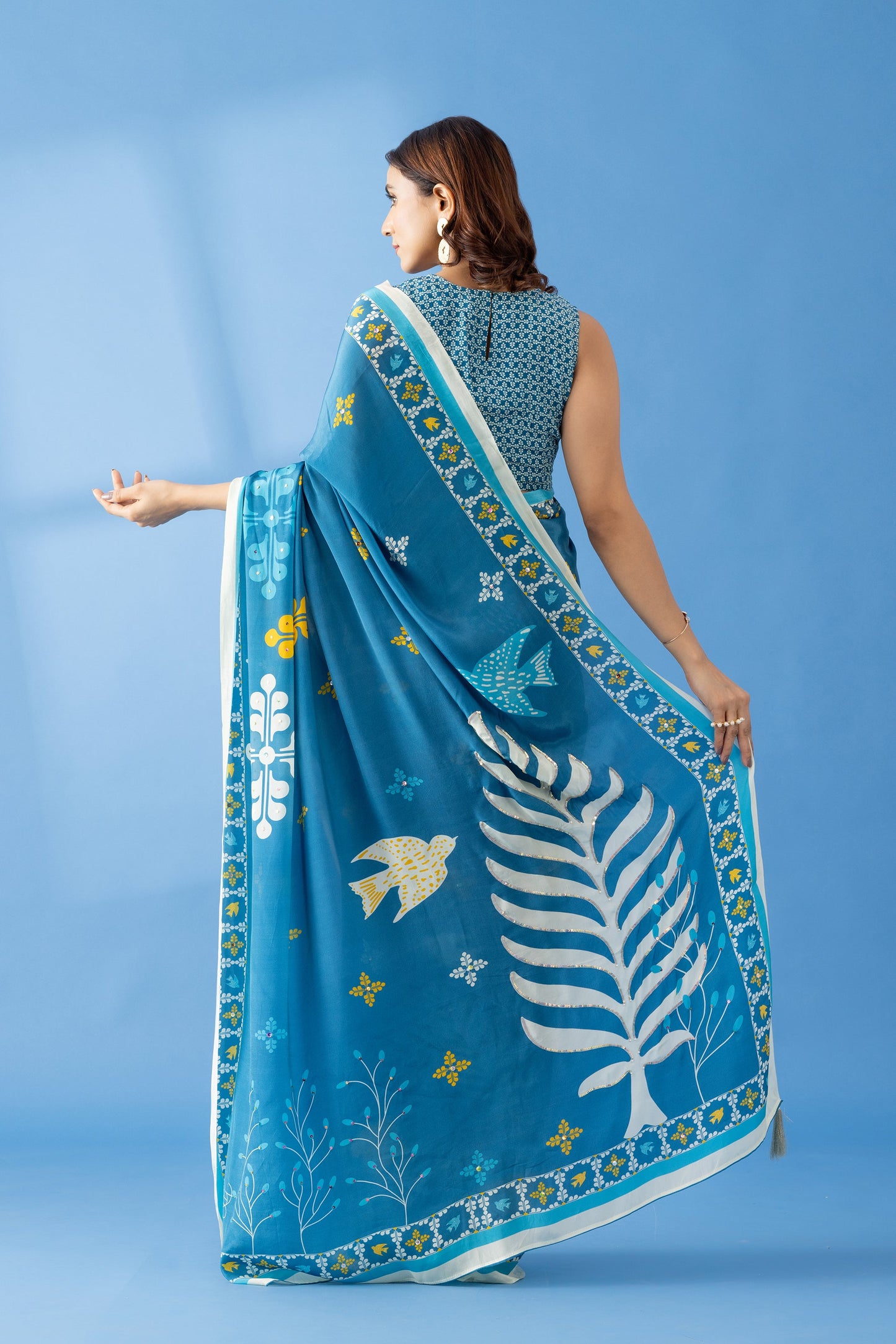 Smoky Blue Printed & Embroidered Crepe Designer Saree