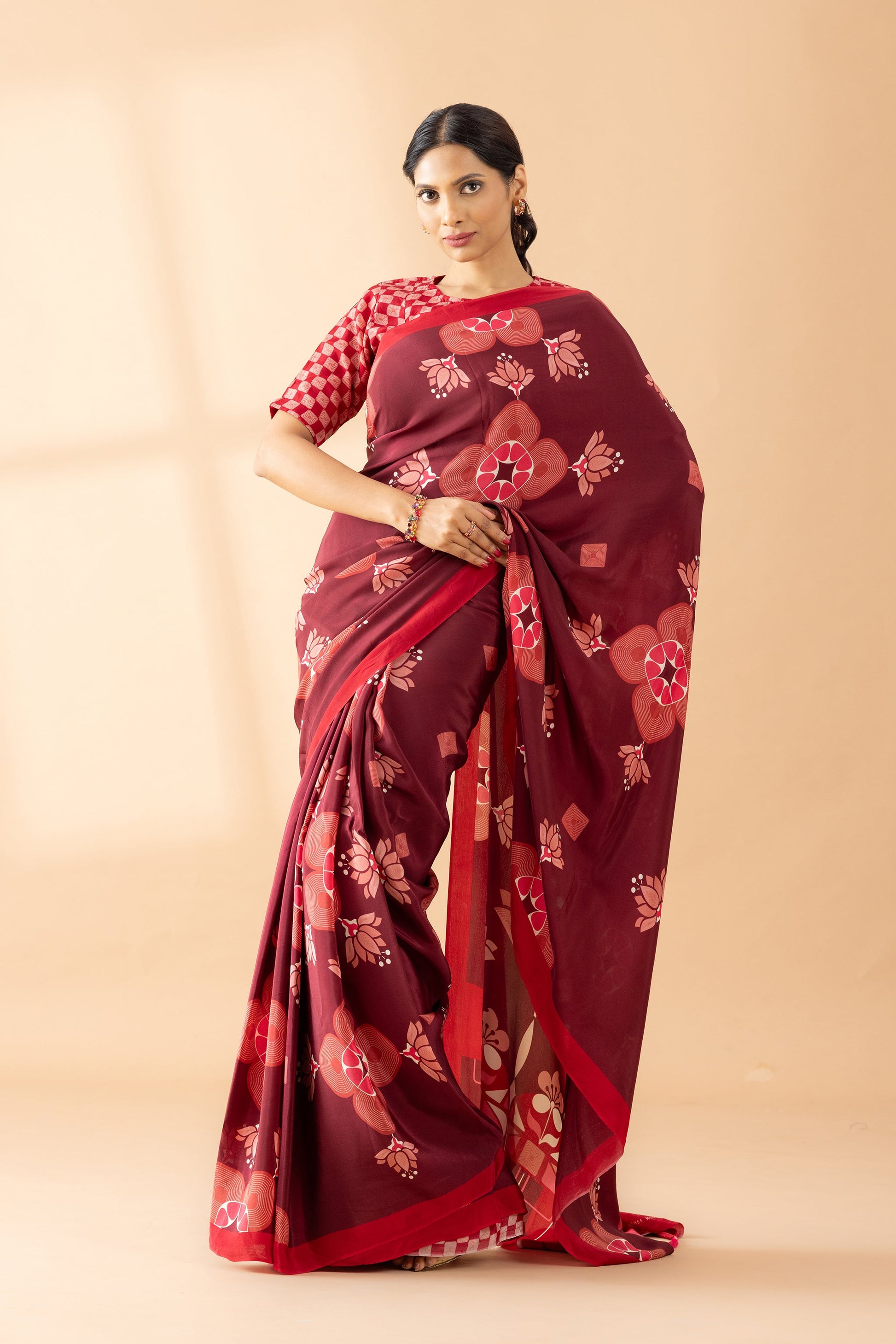 Maroon Lotus Floral Printed Crepe Designer Saree