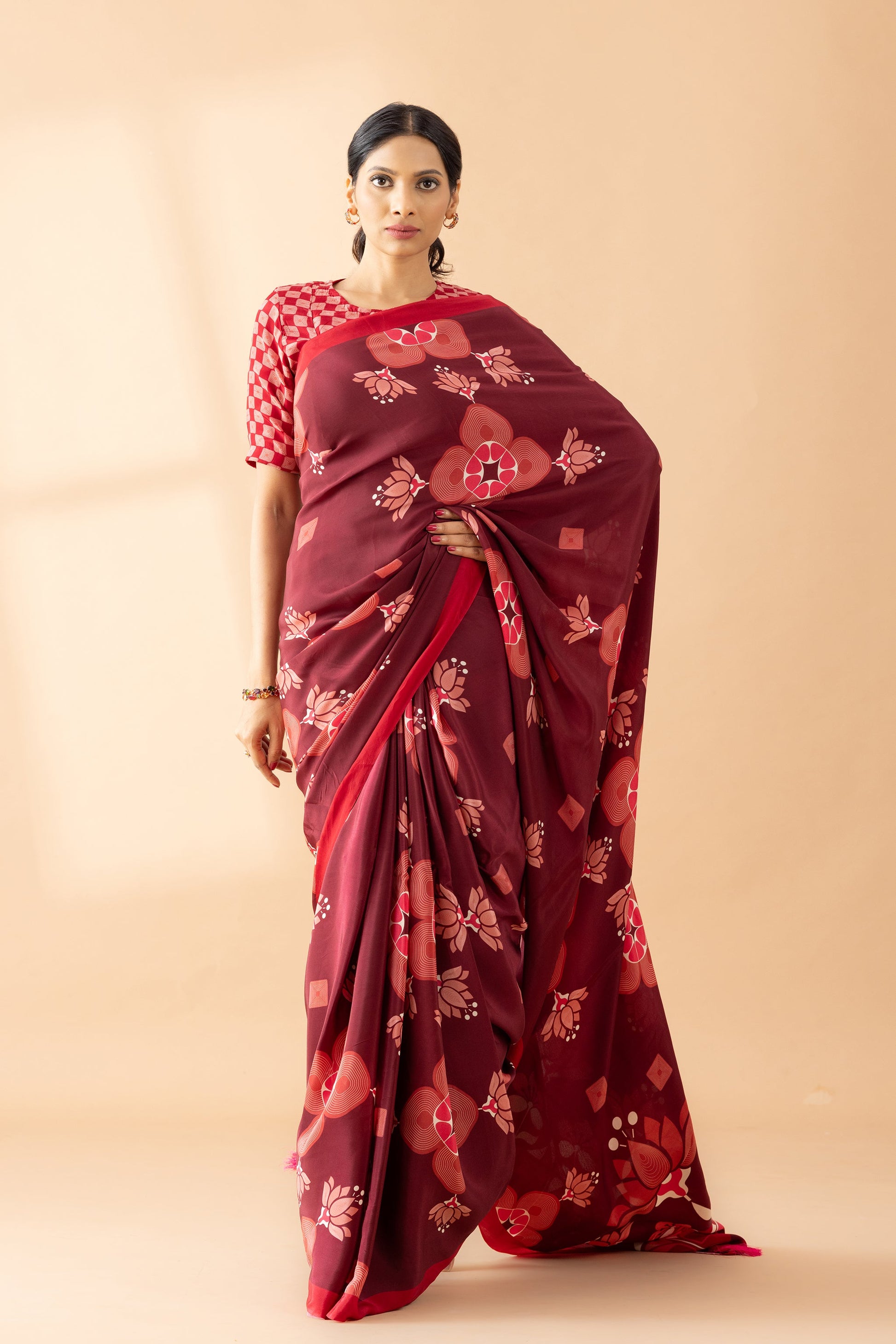 Maroon Lotus Floral Printed Crepe Designer Saree