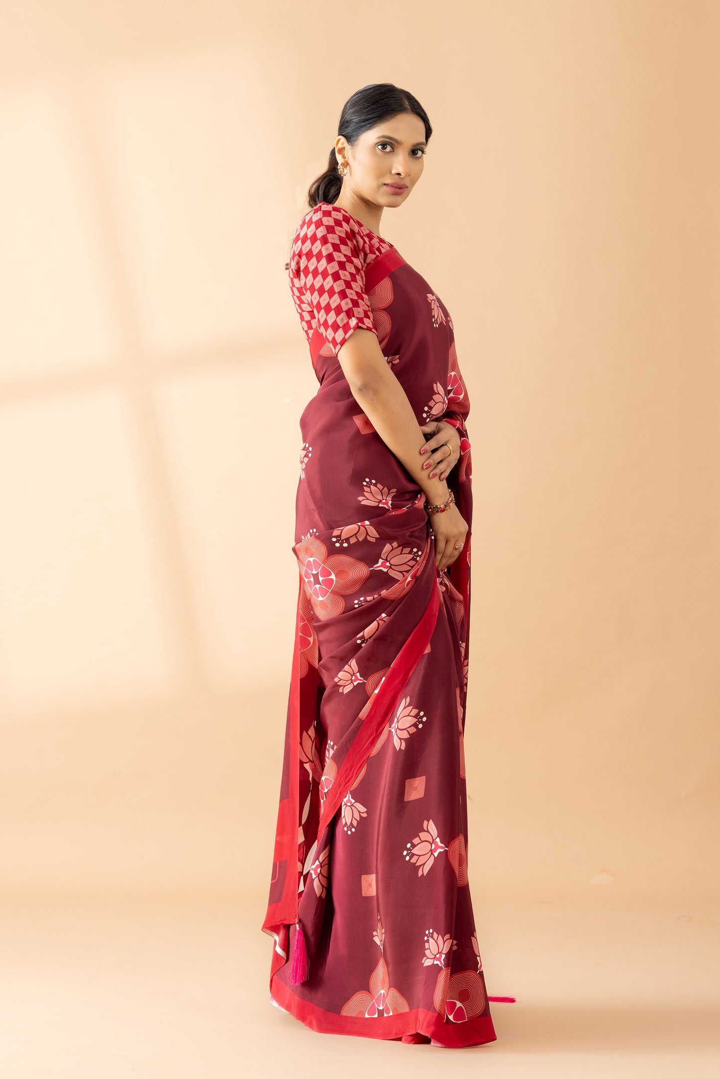 Maroon Lotus Floral Printed Crepe Designer Saree