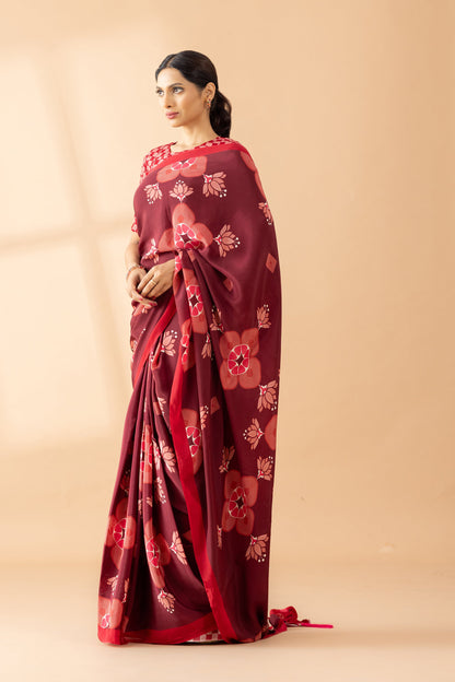 Maroon Lotus Floral Printed Crepe Designer Saree