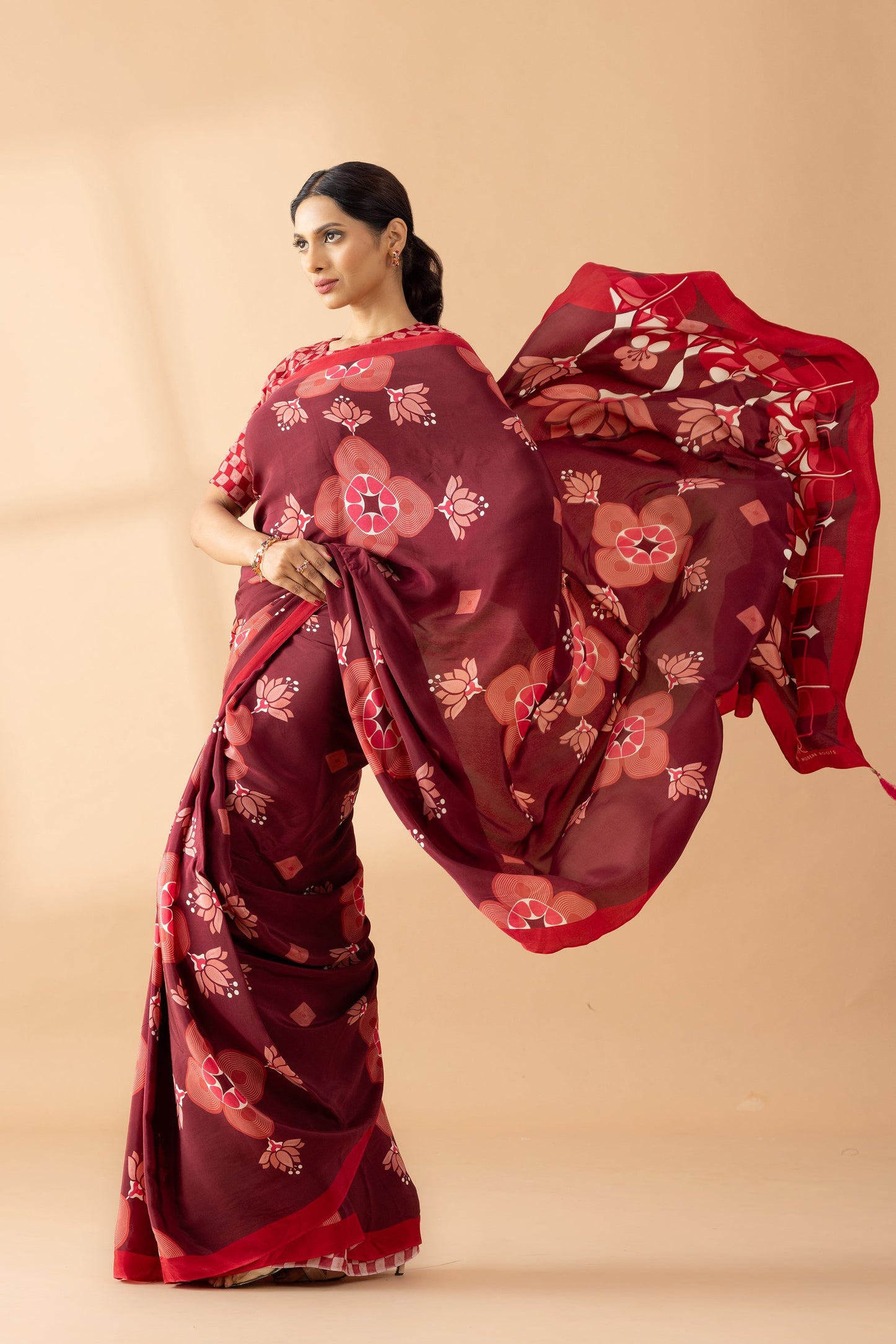 Maroon Lotus Floral Printed Crepe Designer Saree