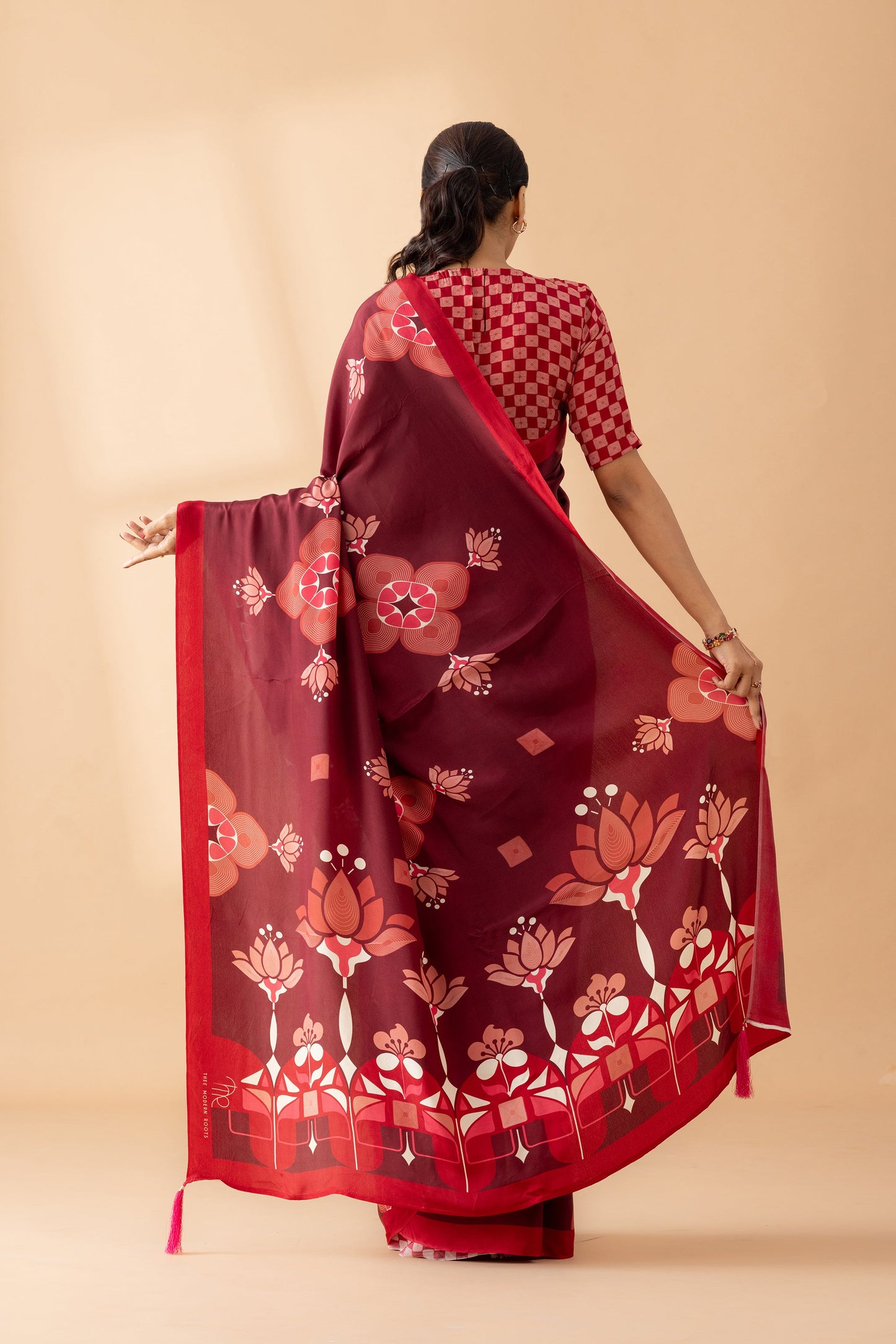 Maroon Lotus Floral Printed Crepe Designer Saree