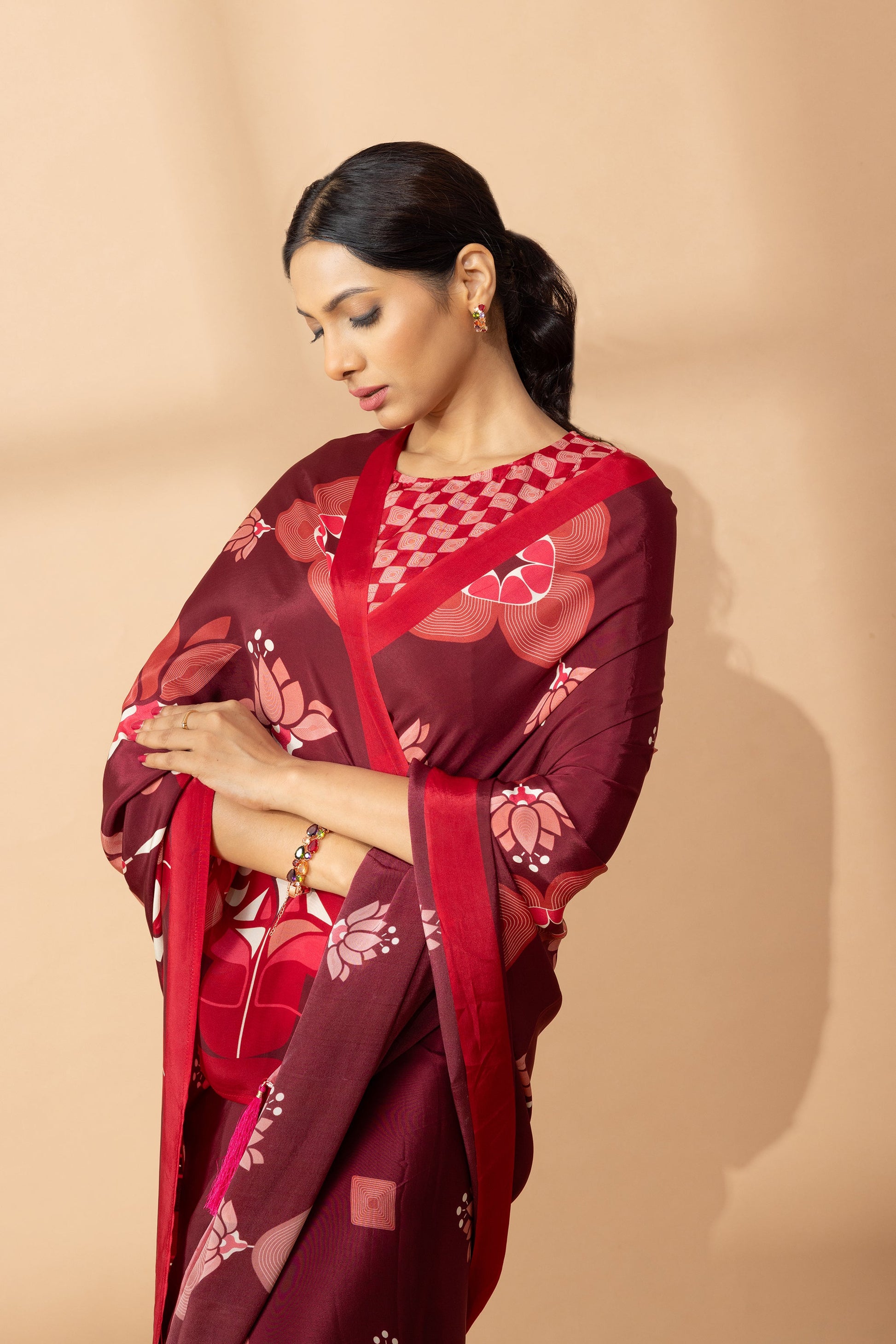 Maroon Lotus Floral Printed Crepe Designer Saree