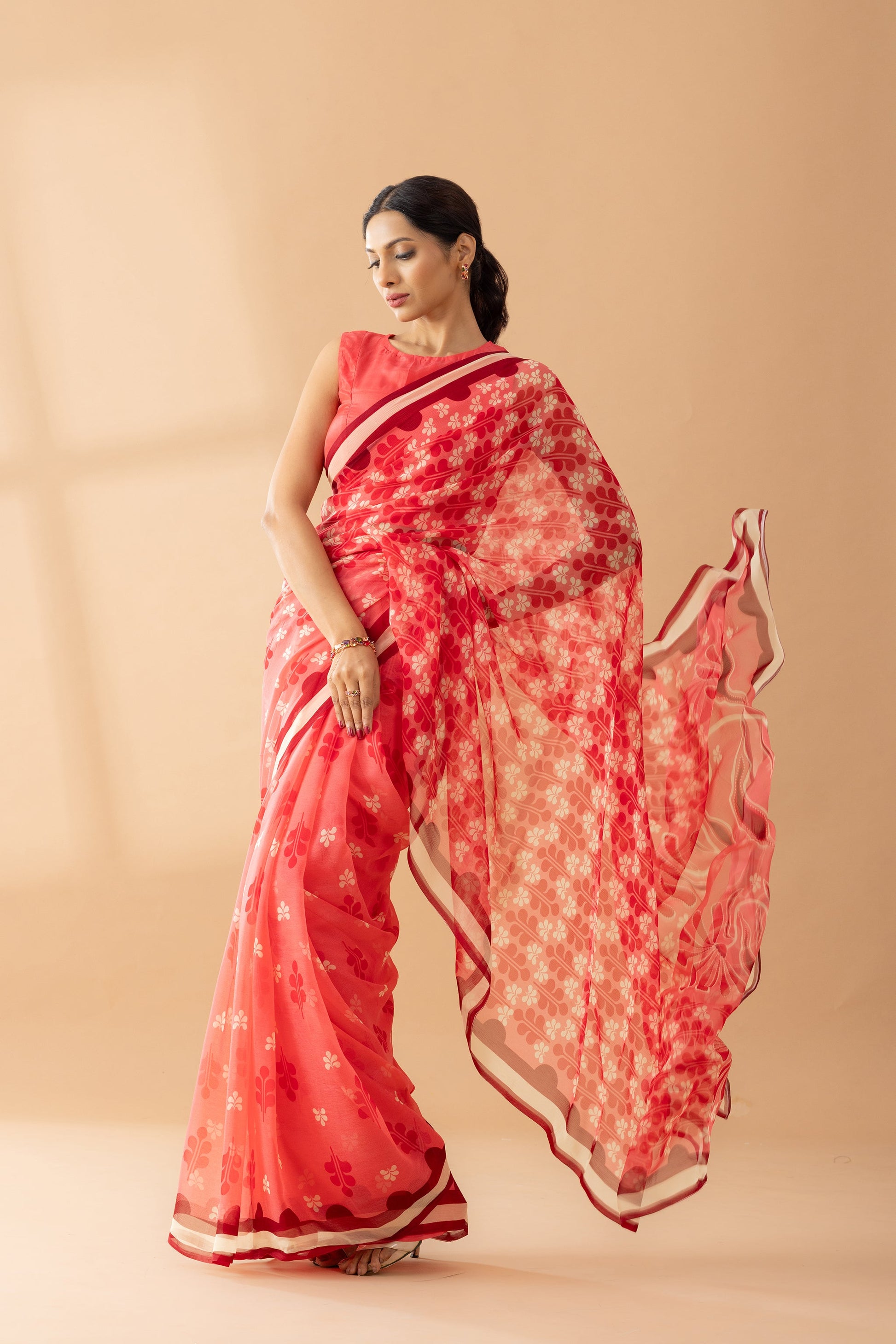 Watermelon Pink Petal Shower Printed Chiffon Saree