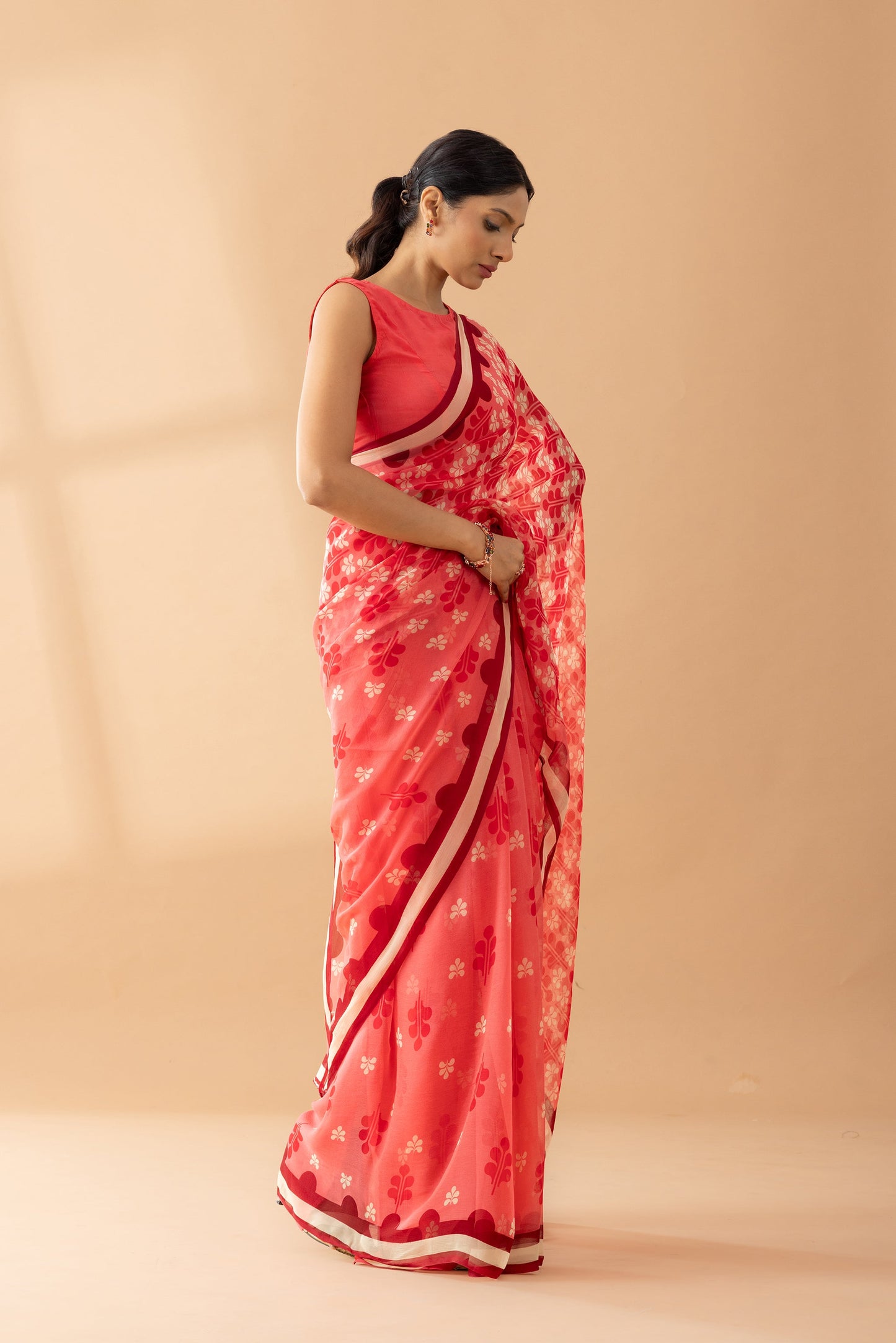 Watermelon Pink Petal Shower Printed Chiffon Saree