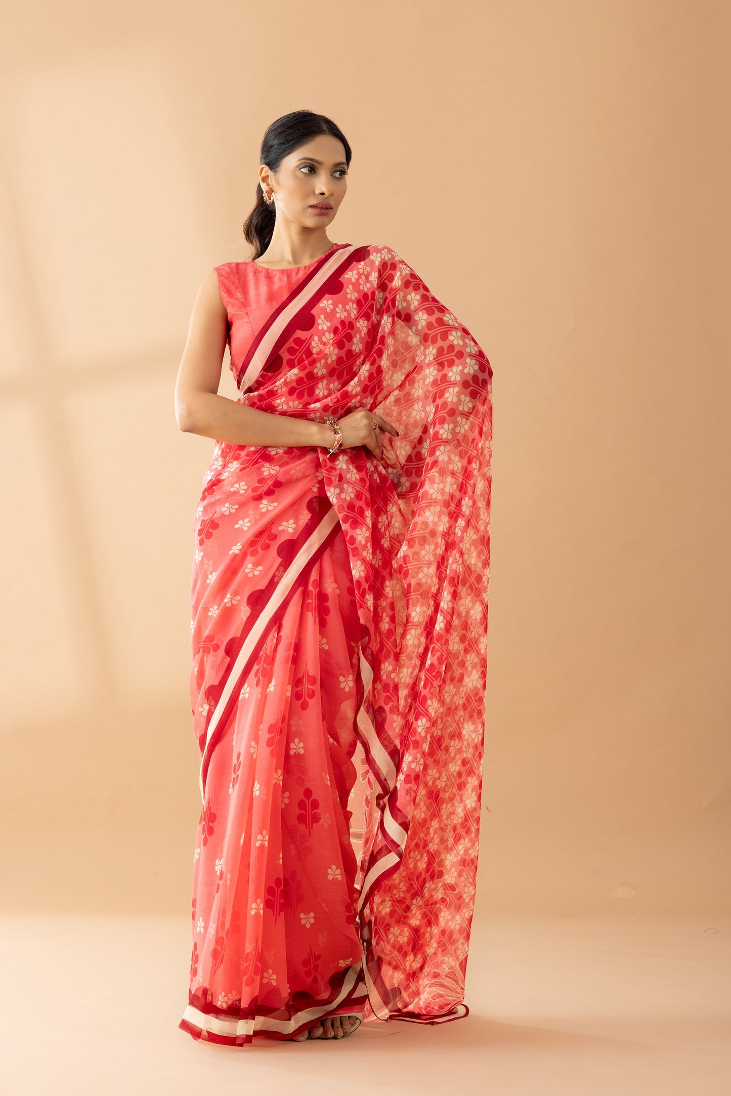 Watermelon Pink Petal Shower Printed Chiffon Saree