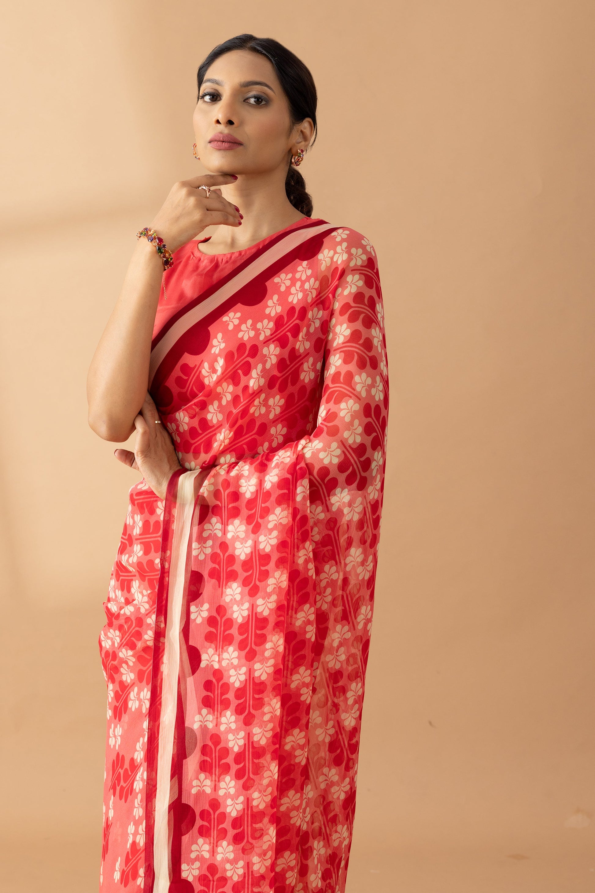 Watermelon Pink Petal Shower Printed Chiffon Saree