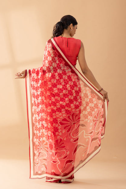 Watermelon Pink Petal Shower Printed Chiffon Saree