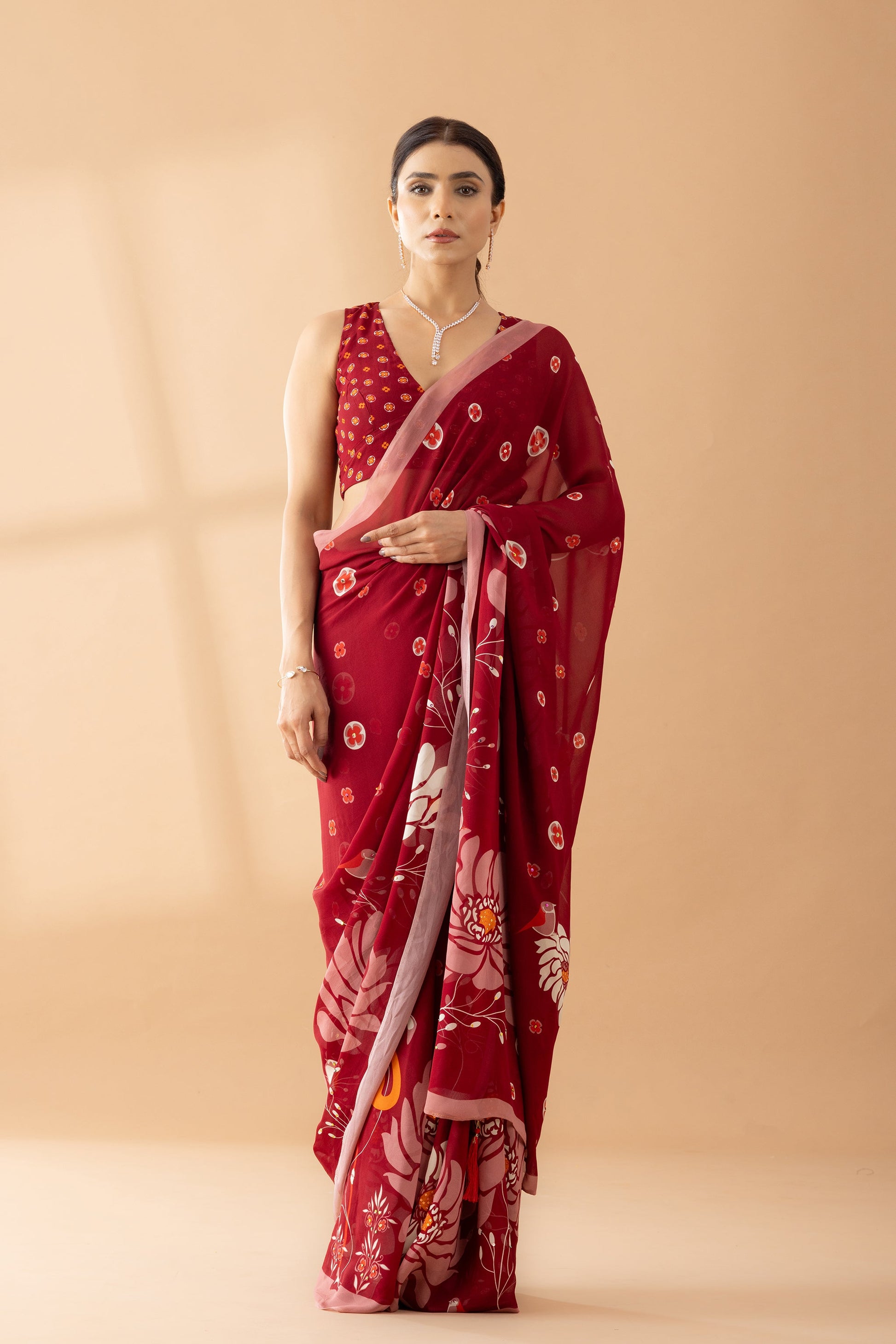 Heavenly Blooms Red Printed & Embroidered Georgette Saree