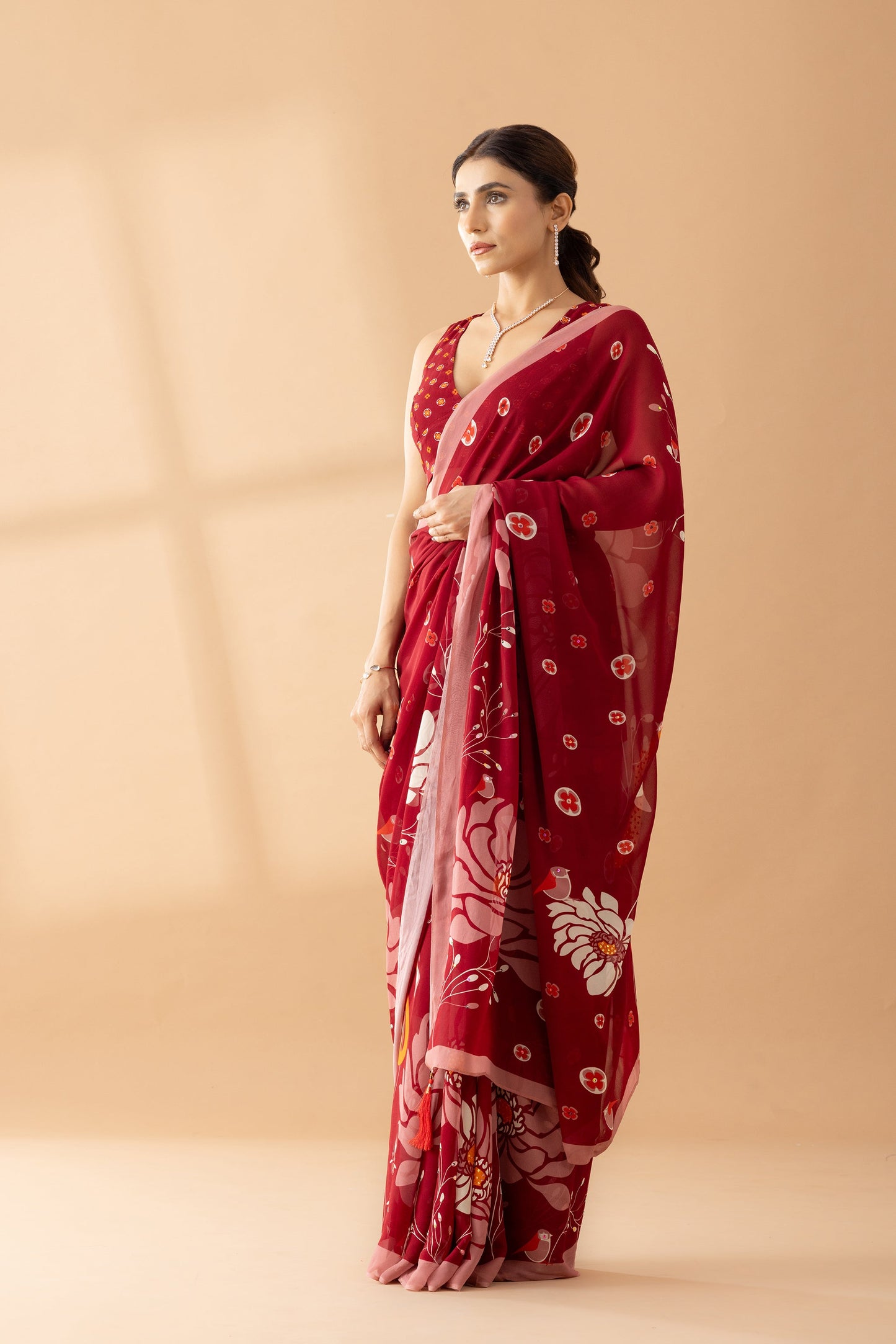 Heavenly Blooms Red Printed & Embroidered Georgette Saree