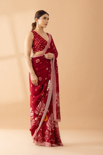 Heavenly Blooms Red Printed & Embroidered Georgette Saree