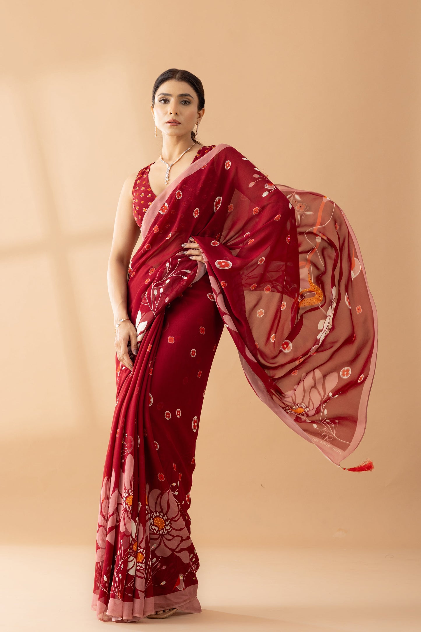 Heavenly Blooms Red Printed & Embroidered Georgette Saree