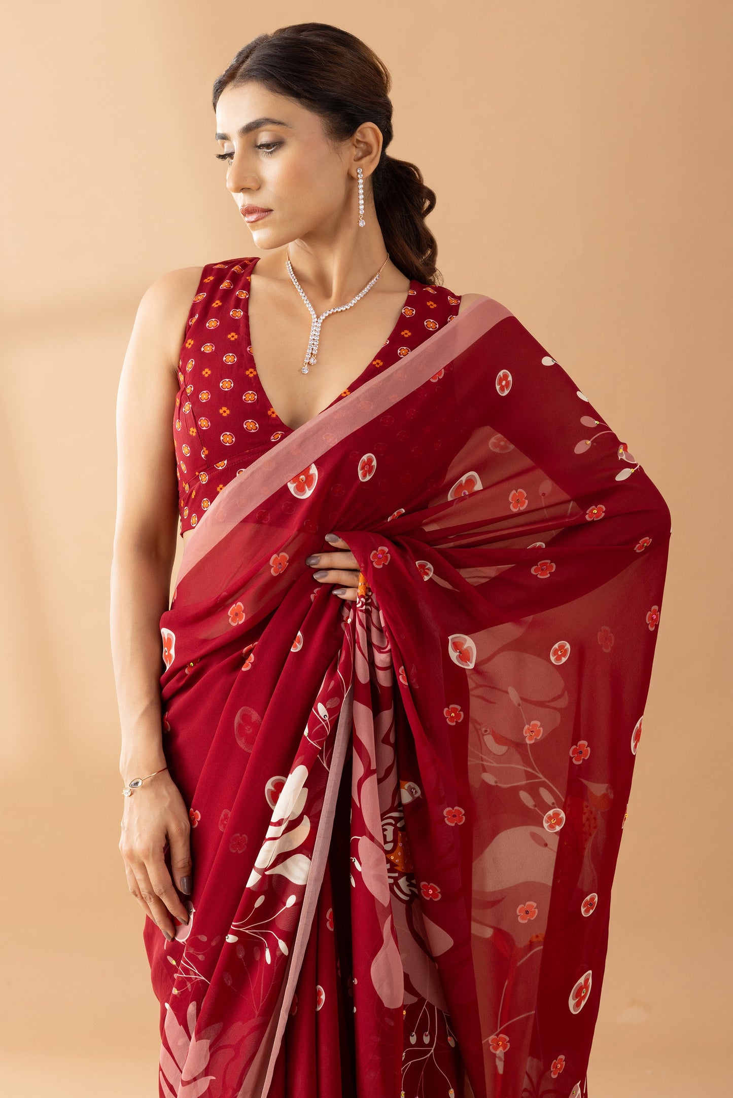 Heavenly Blooms Red Printed & Embroidered Georgette Saree