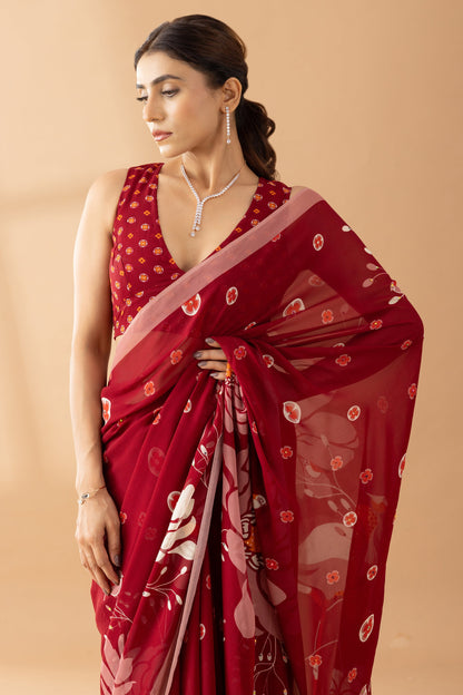 Heavenly Blooms Red Printed & Embroidered Georgette Saree