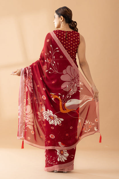 Heavenly Blooms Red Printed & Embroidered Georgette Saree