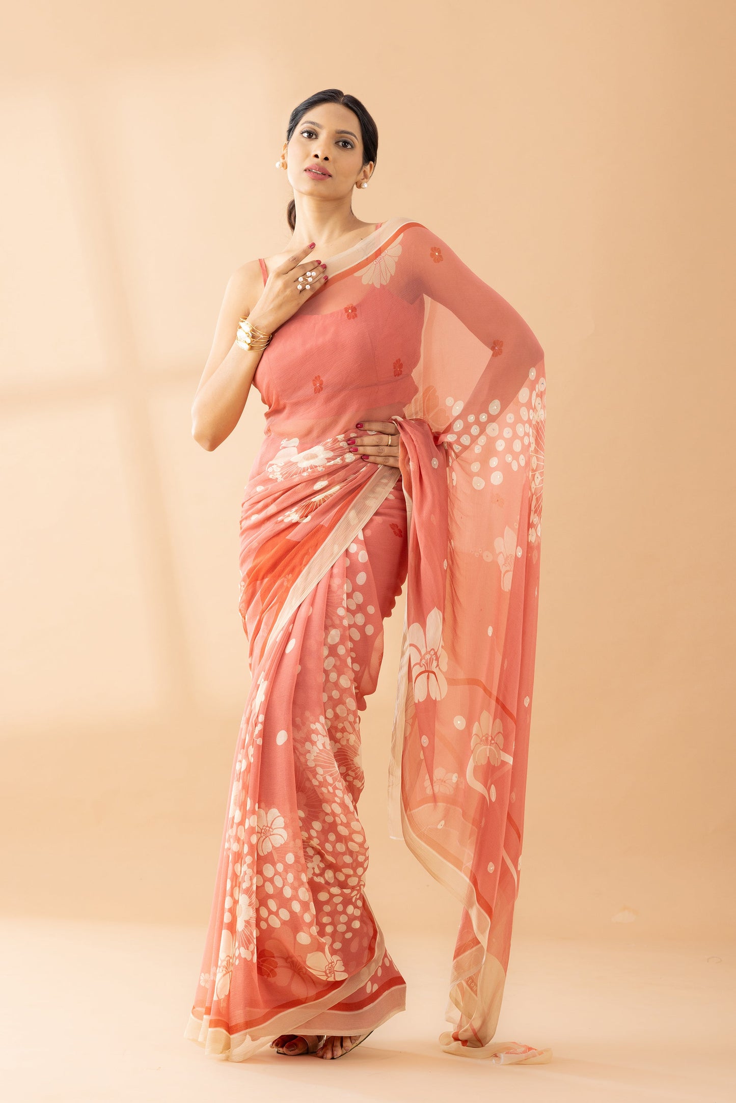 Whimsy Dreams Peach Fuzz Printed & Embroidered Chiffon Saree