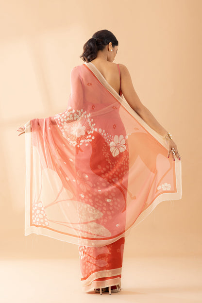 Whimsy Dreams Peach Fuzz Printed & Embroidered Chiffon Saree