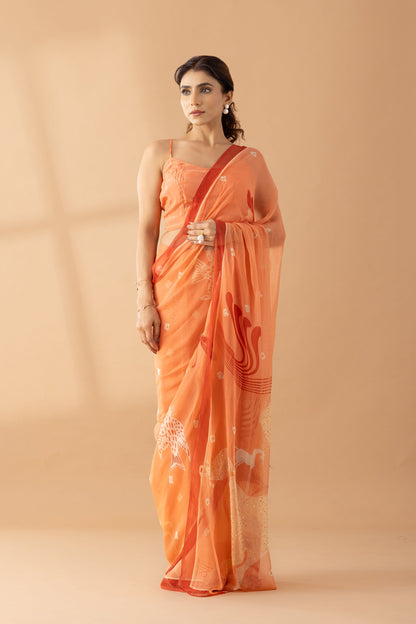 Graceful Charms Peach Fuzz Printed & Embroidered Chiffon Saree