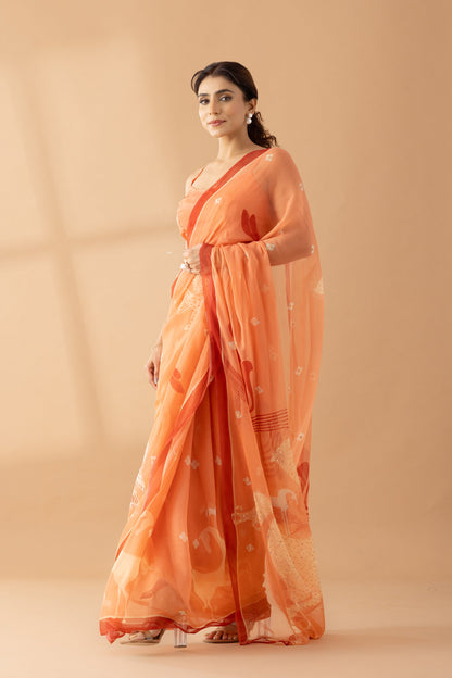 Graceful Charms Peach Fuzz Printed & Embroidered Chiffon Saree