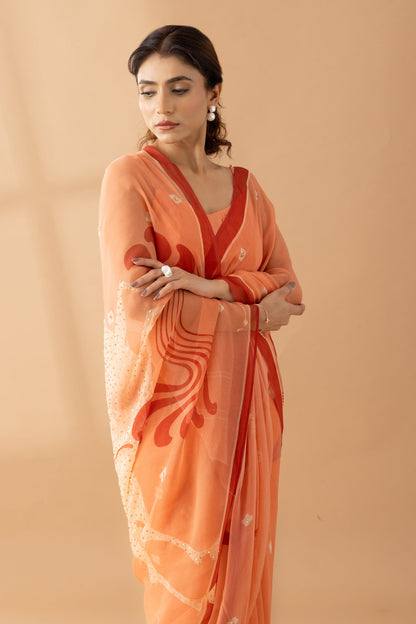 Graceful Charms Peach Fuzz Printed & Embroidered Chiffon Saree