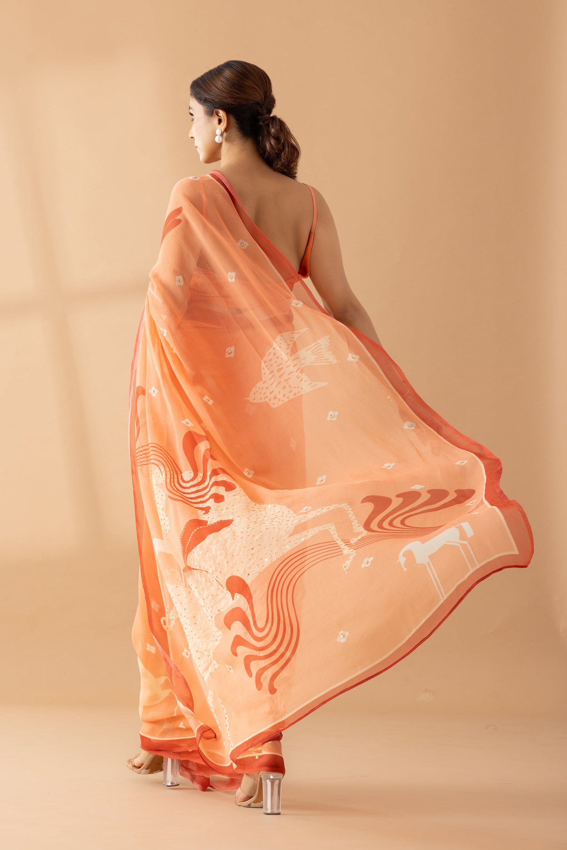 Graceful Charms Peach Fuzz Printed & Embroidered Chiffon Saree