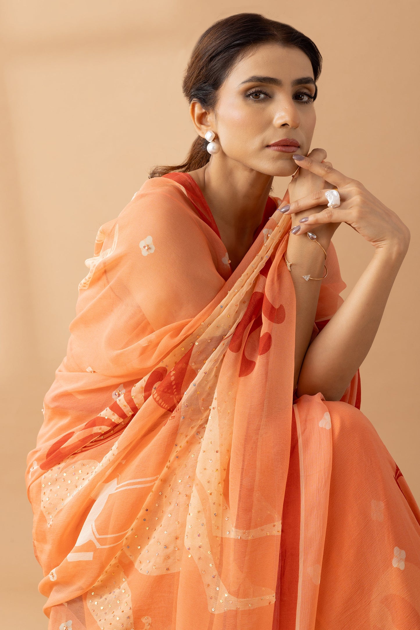 Graceful Charms Peach Fuzz Printed & Embroidered Chiffon Saree