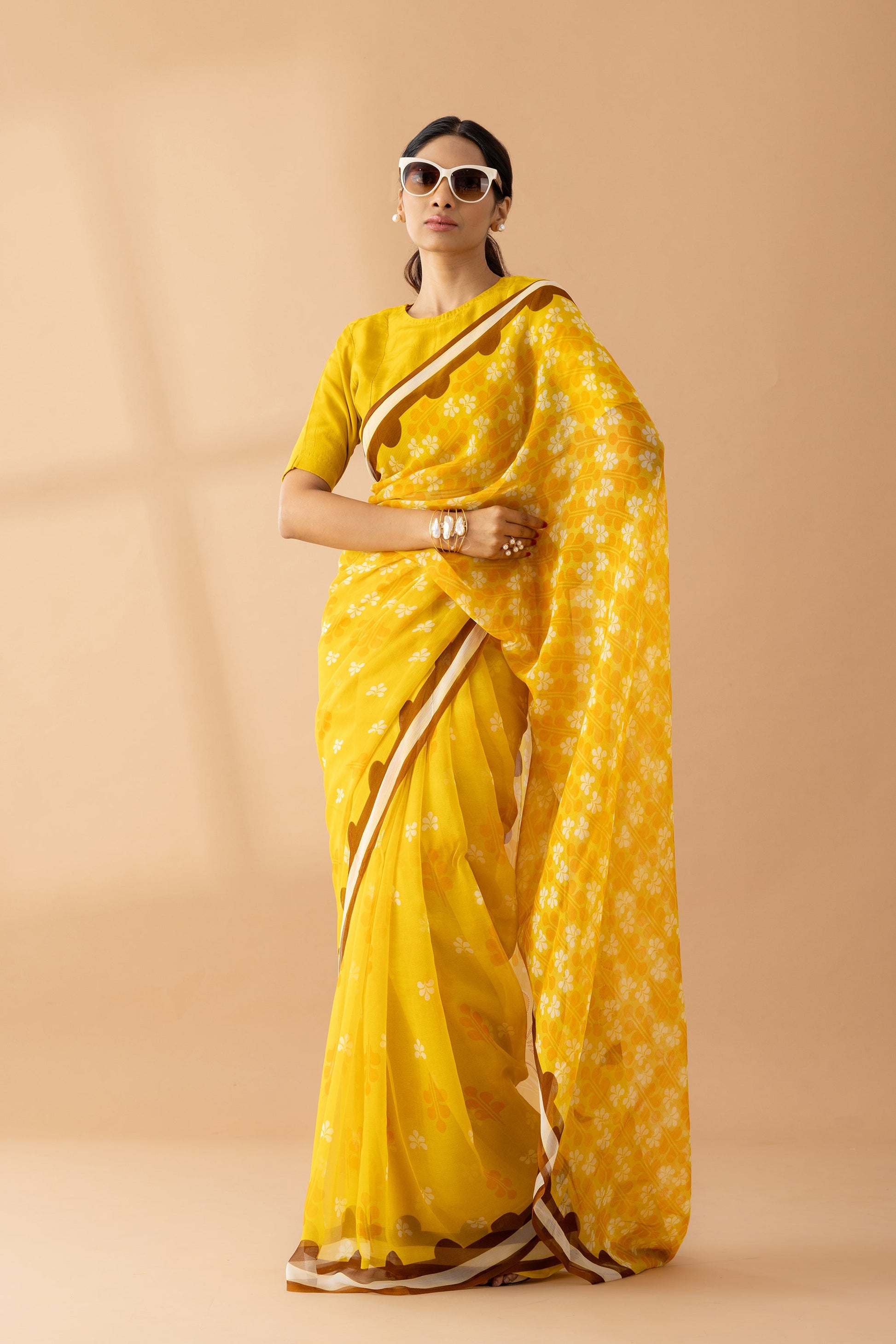 Yellow Petal Shower Printed Chiffon Saree