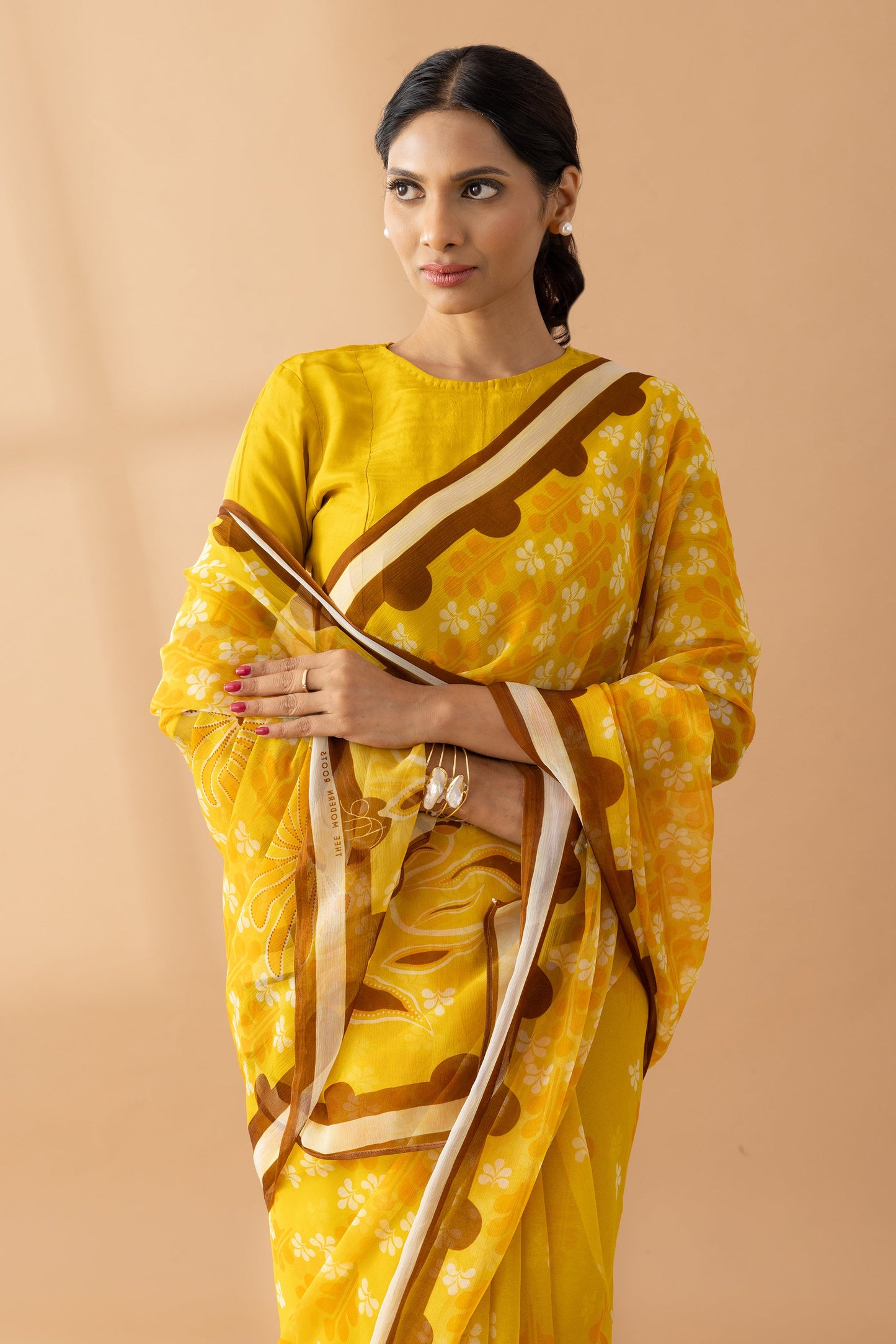 Yellow Petal Shower Printed Chiffon Saree