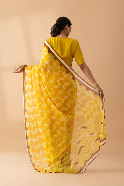 Yellow Petal Shower Printed Chiffon Saree