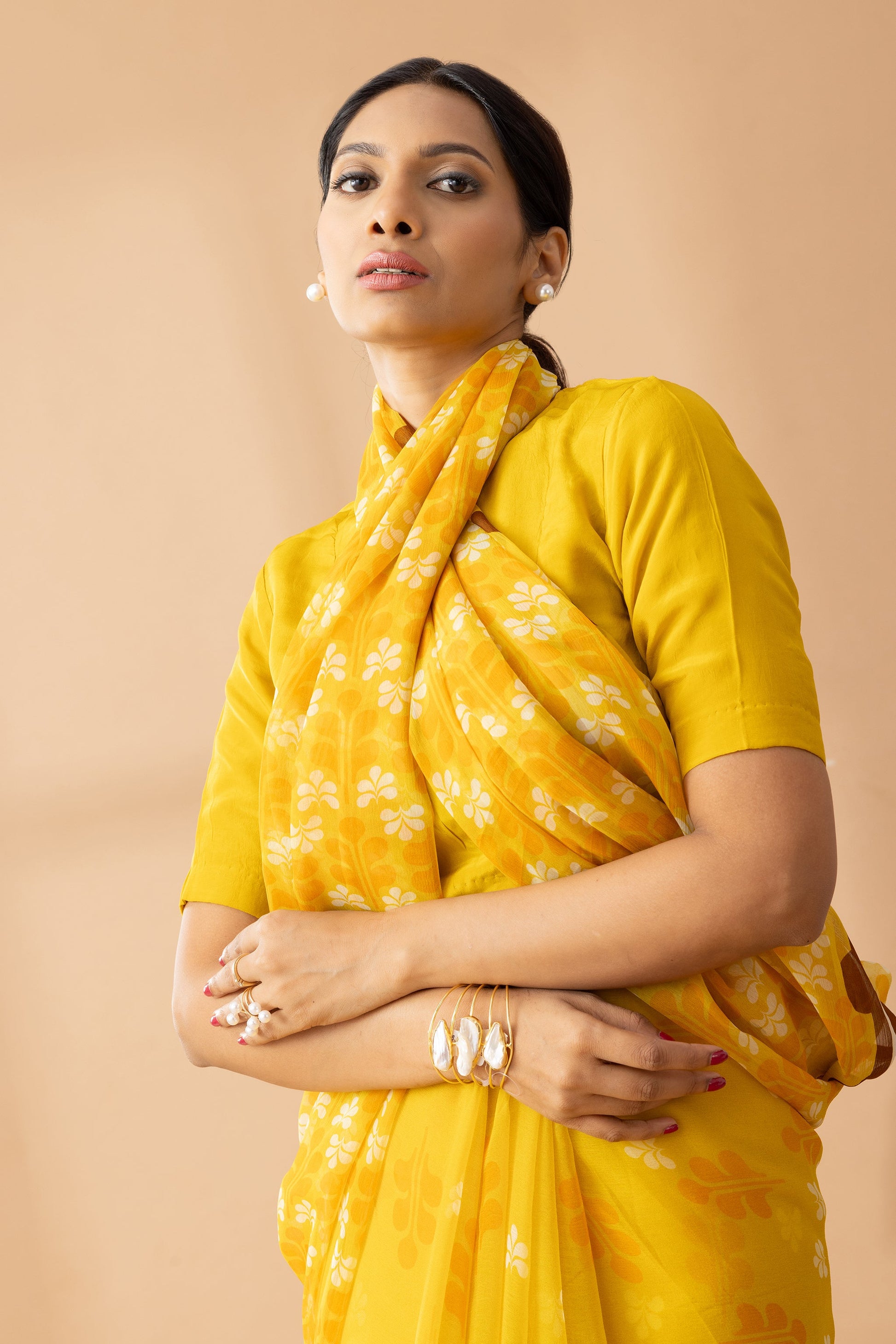 Yellow Petal Shower Printed Chiffon Saree