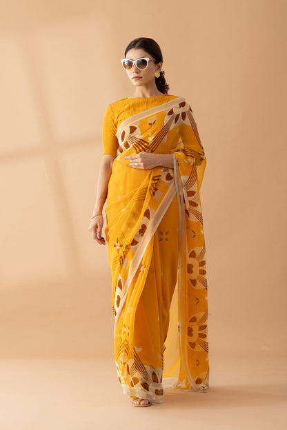 Majestic Peaks Mustard Printed Chiffon Saree