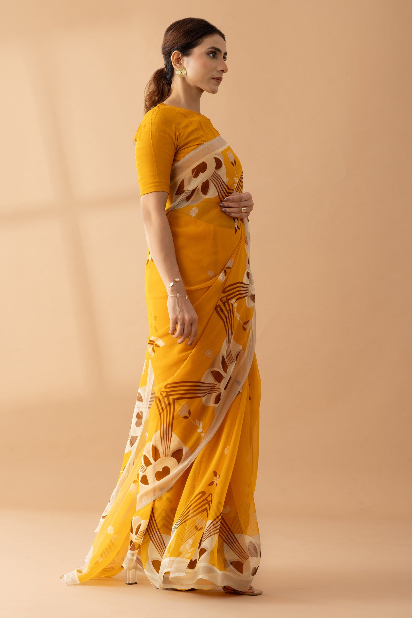 Majestic Peaks Mustard Printed Chiffon Saree