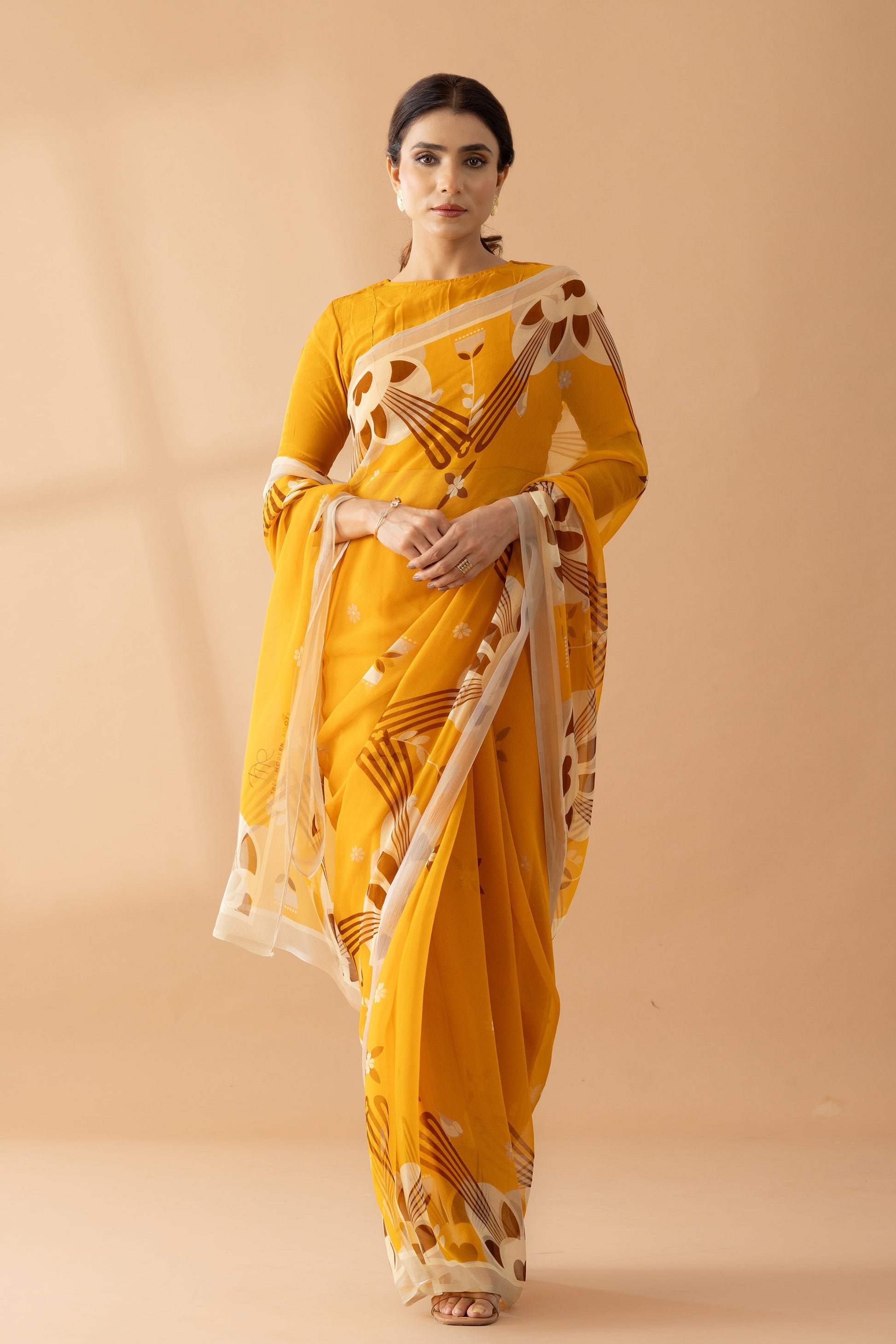 Majestic Peaks Mustard Printed Chiffon Saree